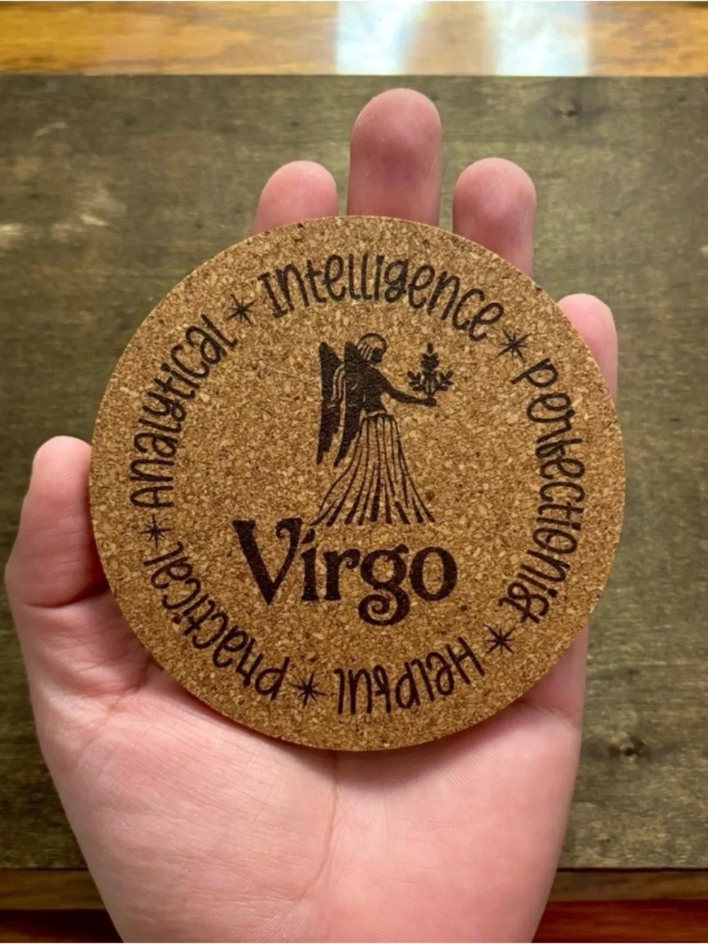 Virgo Zodiac Sign Encircled Laser Engraved Cork Coaster